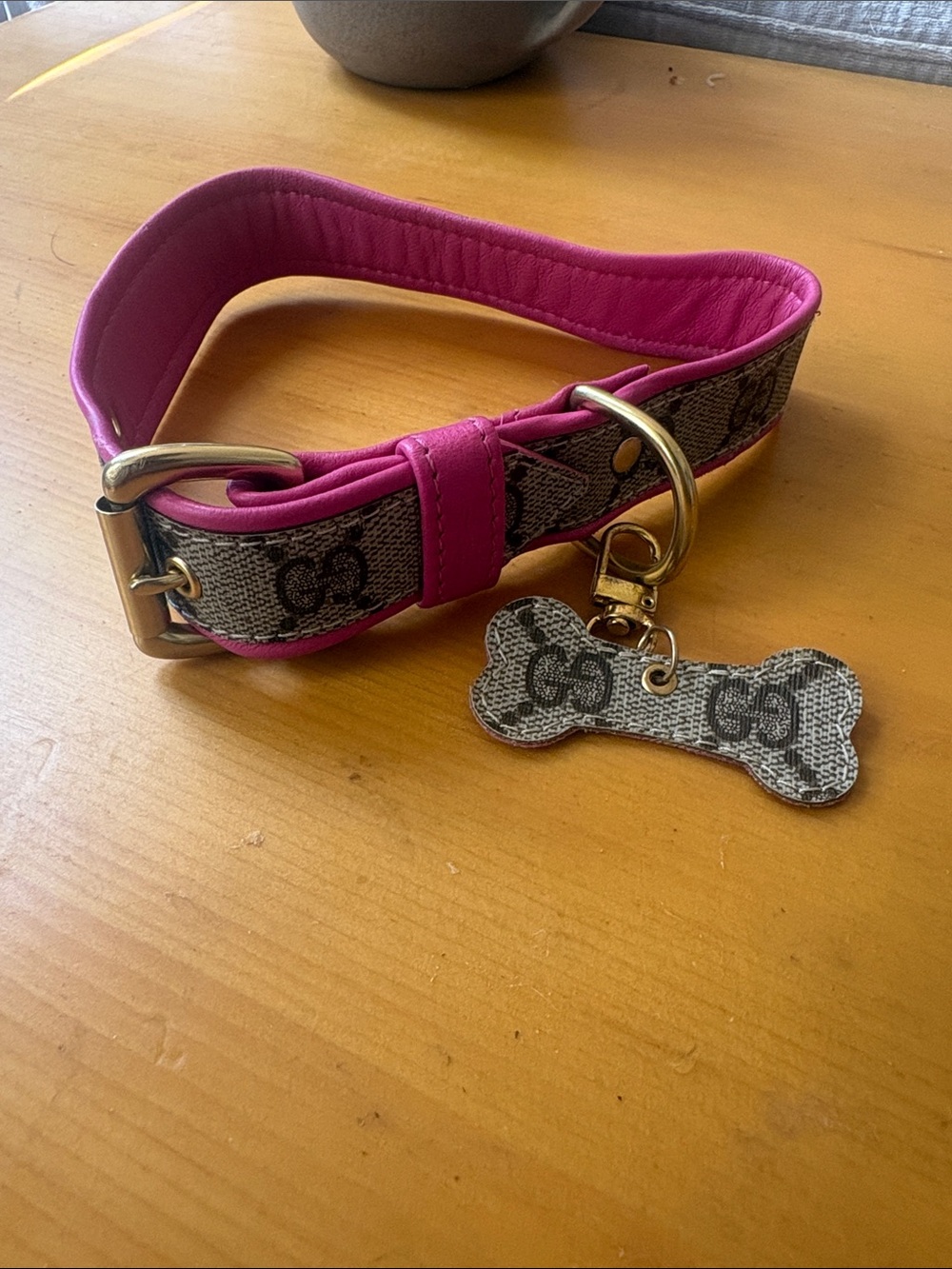 GG Designer Monogram Leather Dog Collar with Pink Trim